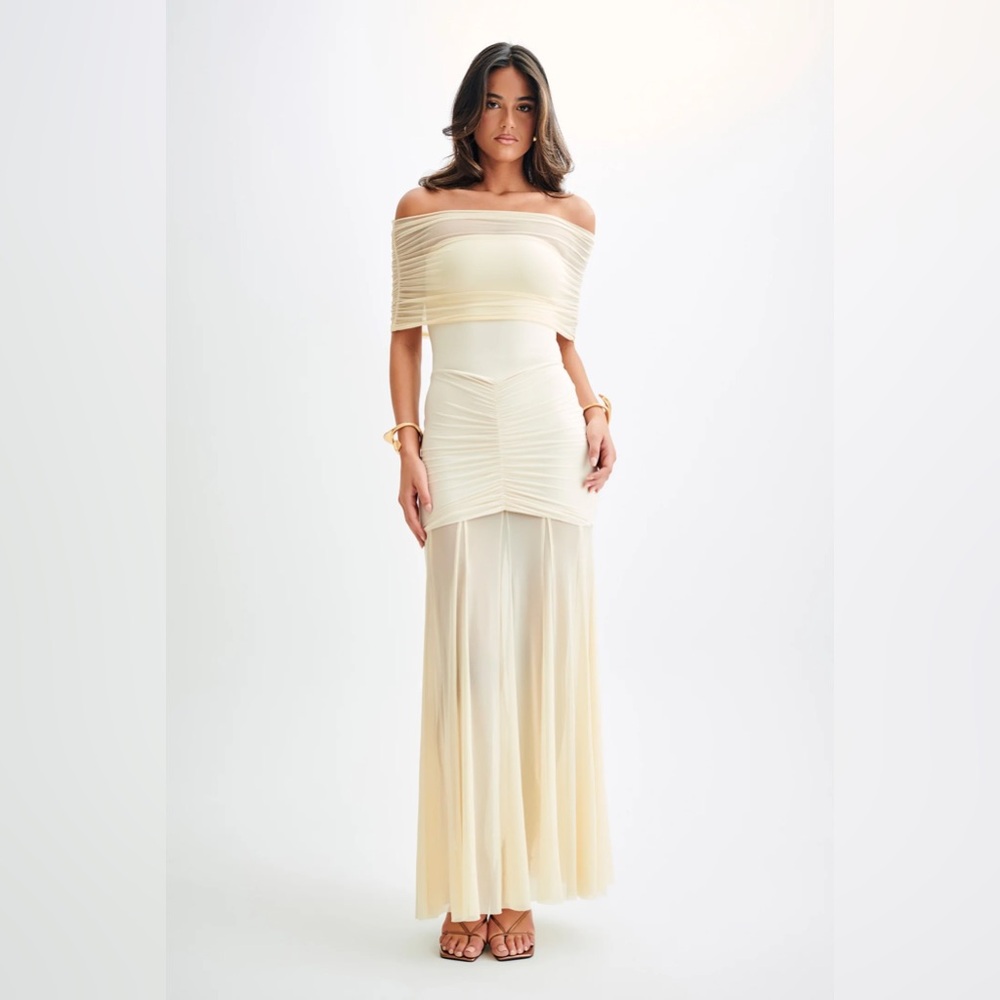 Meshki Cream Ruched One Shoulder Gown